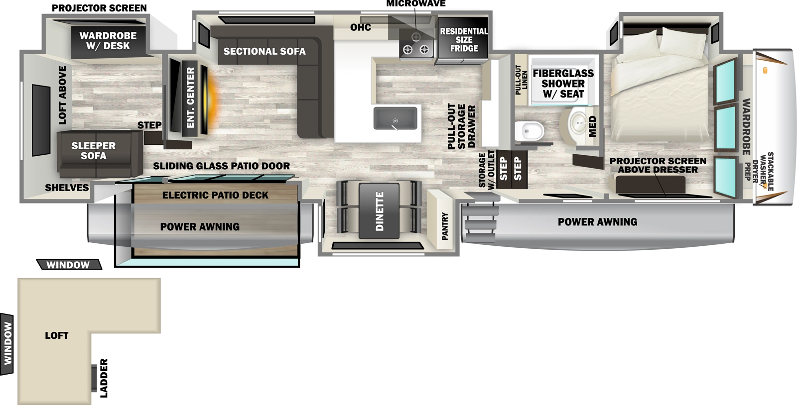 The Sabre 37RVMILES floorplan has one entry and four slide outs. Exterior features include: fiberglass exterior and 12' & 16' awning. Interiors features include: free-standing dinette option and front bedroom.